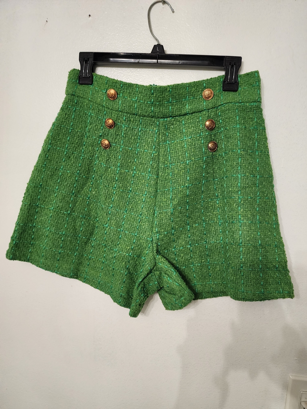 SHEIN Green Tweed High-Waist Shorts with Gold Buttons
